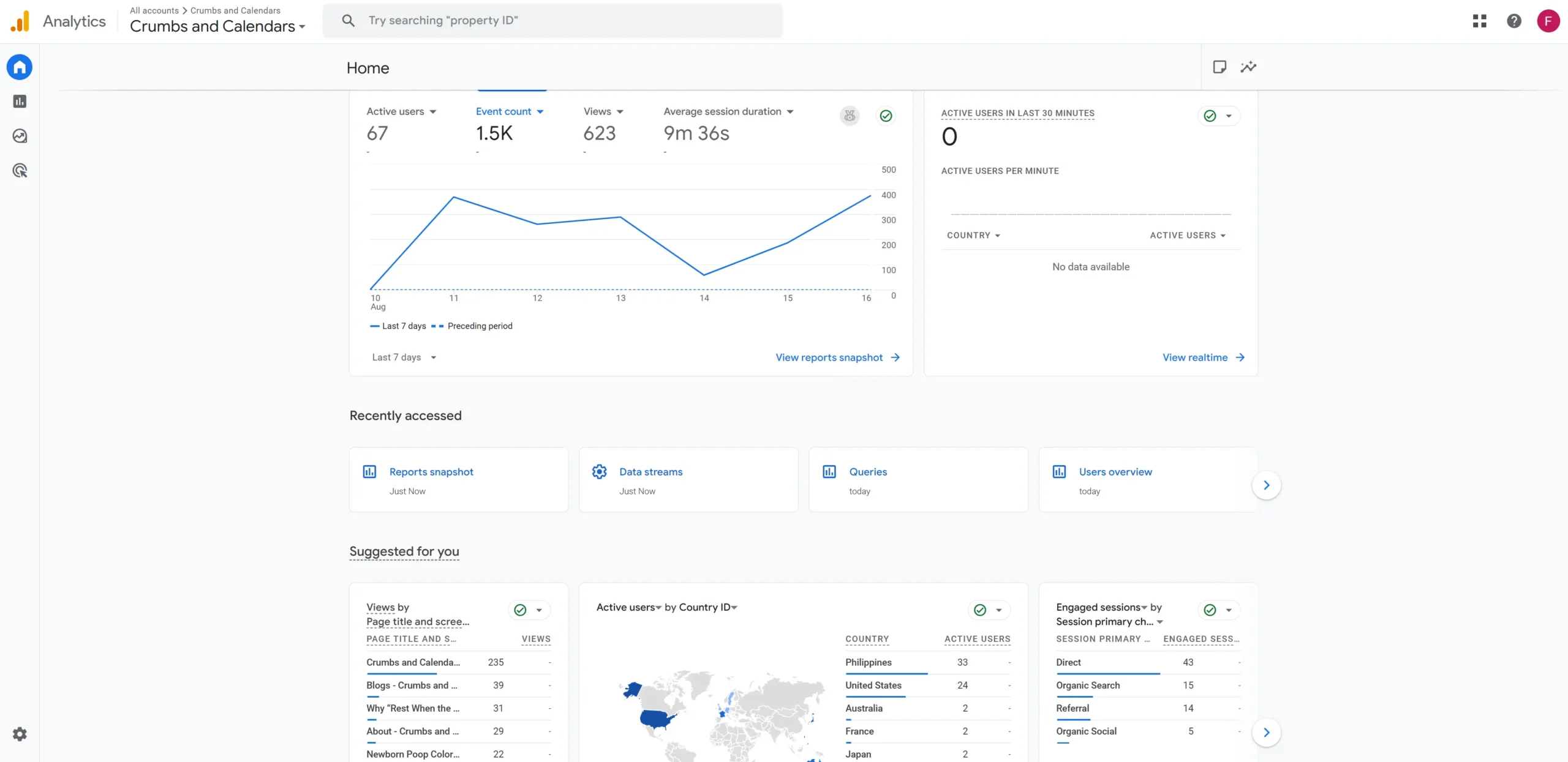 Google Analytics dashboard overview for Crumbs and Calendars website