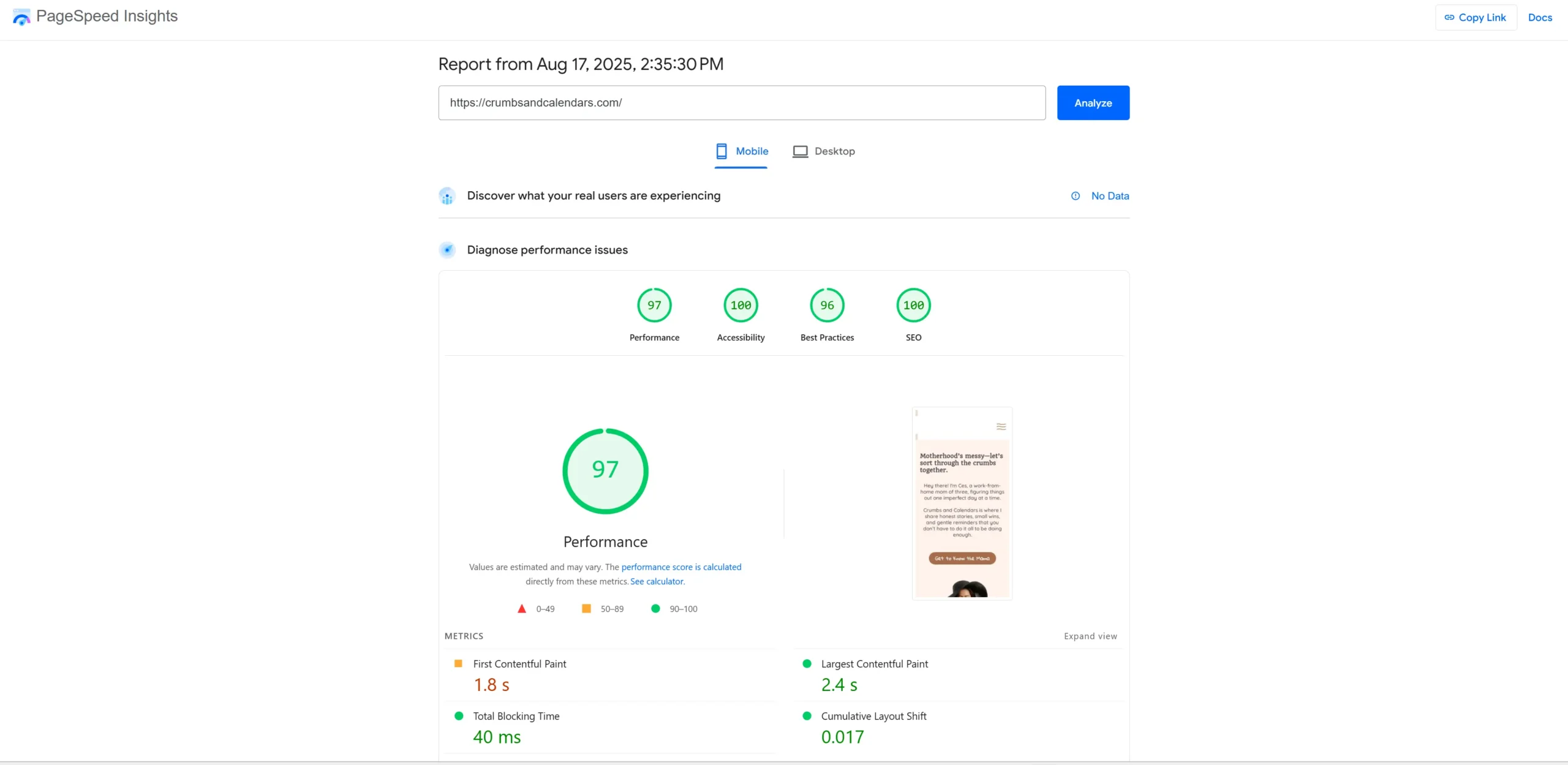 Google PageSpeed Insights report for Crumbs and Calendars showing mobile performance.