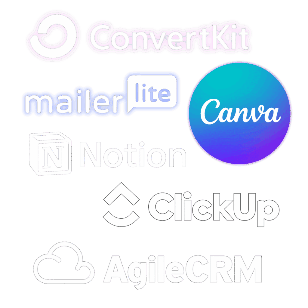 ogos of marketing and productivity tools ConvertKit, MailerLite, Canva, Notion, ClickUp, and AgileCRM